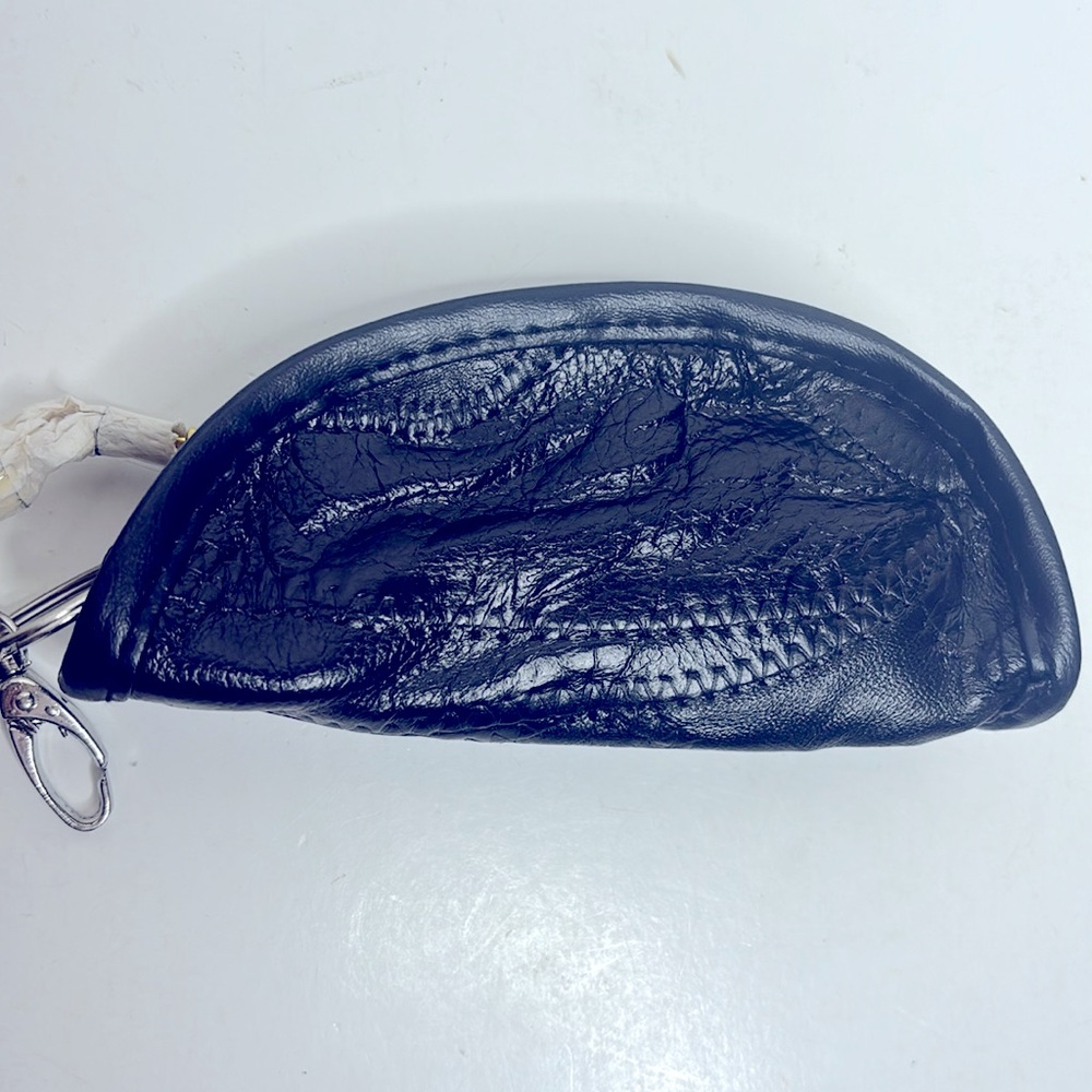 Vintage Black Leather Keychain Bag | Simple Clasp Zipper Bag | Travel Hide NEW - Picture 2 of 6